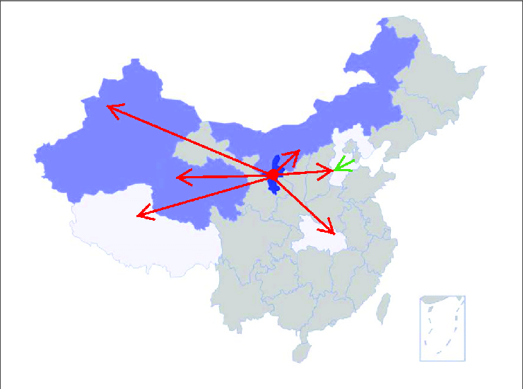 | Development of goji cultivation since 1960s. Cultivars of L. barbarum were introduced in large scale from Ningxia (dark blue) to Inner Mongolia, Xinjiang, Qinghai (bright blue); and in lesser degree into Tibet, Hubei, and Hebei (white) (red arrows). The green arrow shows the expansion route of L. chinense westward within Hebei. 